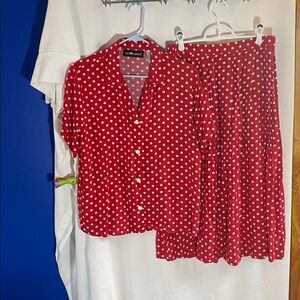 Sag Harbor 2 piece Set. Red & White Polka Dots button up top and Skirt, Size S/M